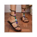 Beading Solid Color Flat Heel Sandals