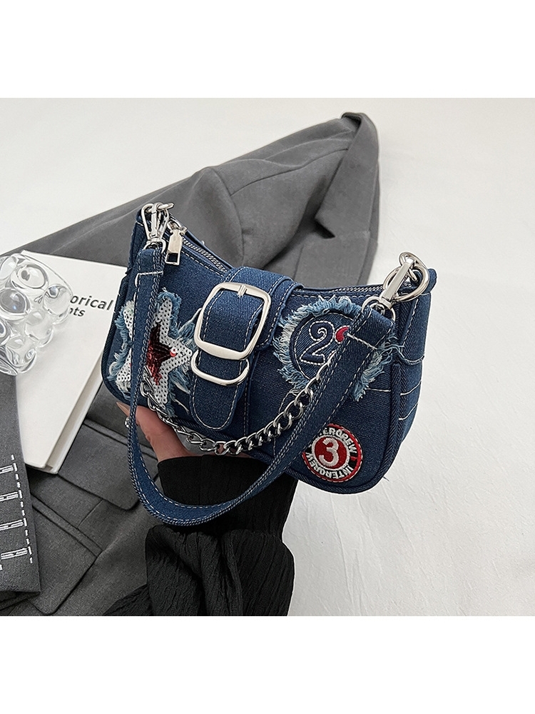 Star Number Zipper Denim Shoulder Bags