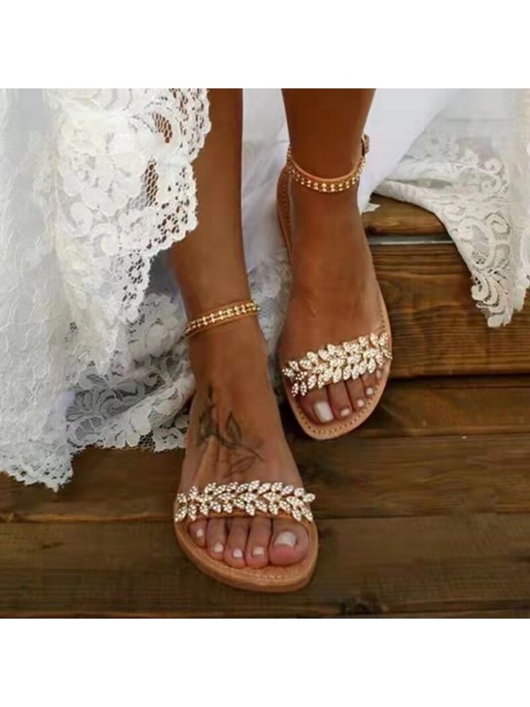 Rhinestone Pure Color Flat Heel Sandals